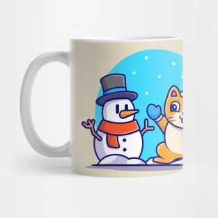 Cute Cat With Snowman Cartoon Vector Icon Illustration Mug